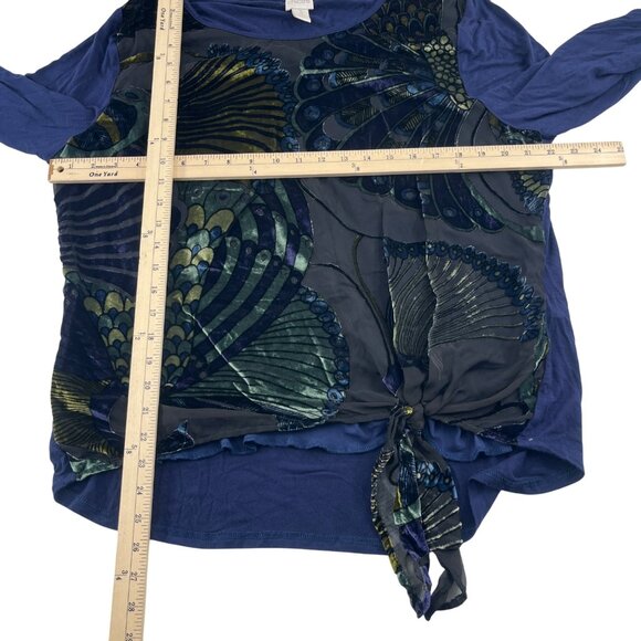 Chico's Blouse Women's Size 3 Blue Multicolor XL Peacock Velour Sheer Lined Top - Picture 2 of 5